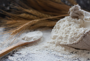 wheat flour in burlap bag, wooden spoon and ears of wheat, selective focus