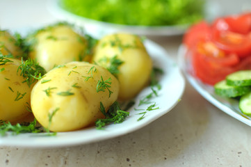 Fresh organic vegetables and boiled new potatoes on the plates