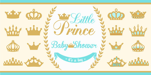 Obraz premium Gold and blue crowns set. Little prince design elements. Template silhouettes of crowns for laser cutting. Birthday party and boy baby shower decor. 