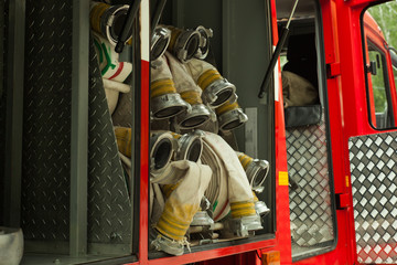Fototapeta na wymiar Hydrants in a fire truck. rescue fire truck equipment.