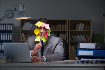 Businessman staying late to sort out priorities