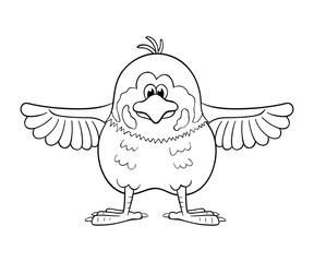 Black and white illustration of funny cartoon sparrow  with wings widely spreading out