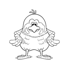 Black and white illustration of funny cartoon sparrow  with wings akimbo