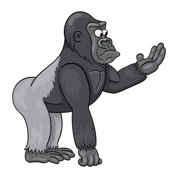 Cartoon male of gorilla in perplexity is looking at his open  palm. Various objects can be placed on it as needed