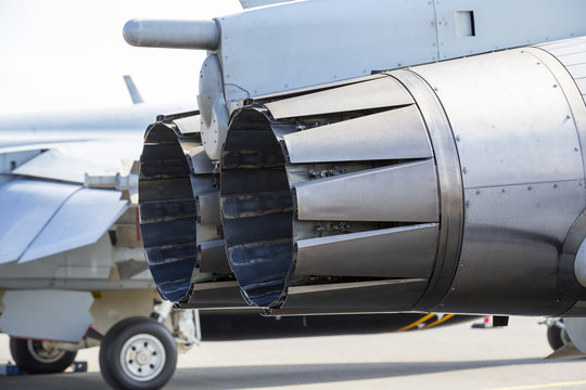 Close Up Shot Of A Military Jet Fighter Engine. Afterburner.