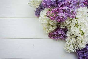 Branch of lilac on a white-painted wooden boards. Top view. Design element for card, banners, print. 