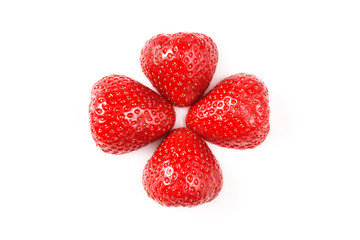 Two red fresh washed strawberries isolated on white background. Close up macro photo. Cut in half.