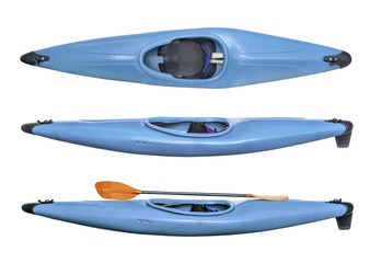 blue whitewater kayak with paddle