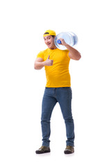 Man delivering water bottle isolated on white