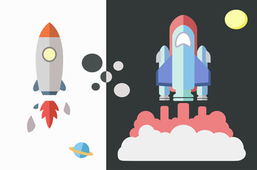 Space Rocket Launch Conceptual. set of 2 space rocket. Moon,Star,Rocket,Spaceship,Spacecraft,Space,Smoke. Illustration of a flying rocket in the universe. EPS10 vector background.