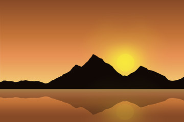 Vector illustration of a mountain landscape reflected in the sea surface under an orange sky with the rising sun