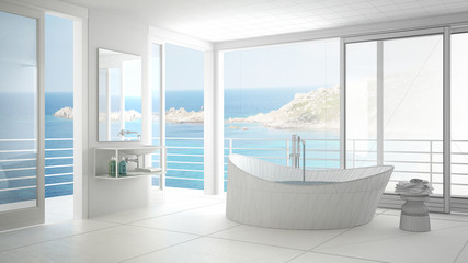 Unfinished project of minimalist bathroom with big window, sketch abstract interior design