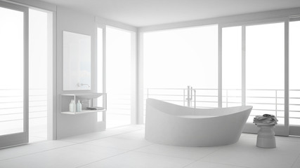 Total white minimalist bathroom with big bath tub and panoramic window, modern interior design