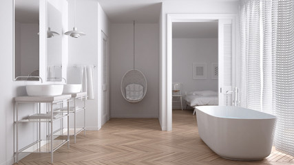 Fototapeta na wymiar Minimalist white scandinavian bathroom with bedroom in background, classic interior design
