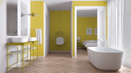 Minimalist white and yellow scandinavian bathroom with bedroom in background, classic interior design