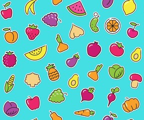 Seamless background with stickers of vegetables and fruits