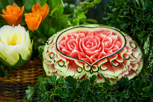 Close up of carved watermelon.