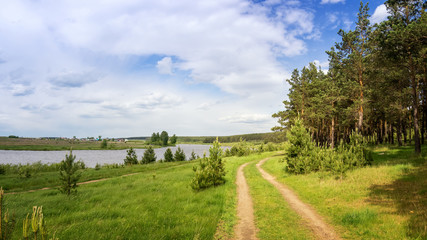 летний пейзаж на Уральской реке с лесом и проселочной дорогой на берегу, Россия, июнь,