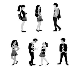Vector illustration of students and pupils. Teenager in school uniform characters in different situations and poses isolated on white background.