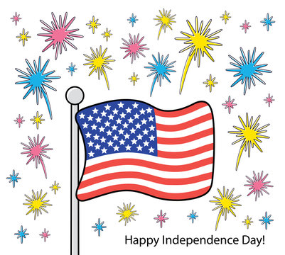 United States of America flag with fireworks, USA Independence Day vector card. 