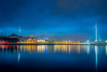 Fototapeta na wymiar Night view of flag square in Baku Azerbaijan