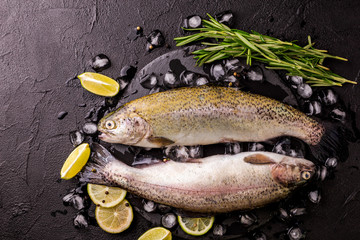 Seafood. Two raw rainbow trouts marinated with lime, rosemary