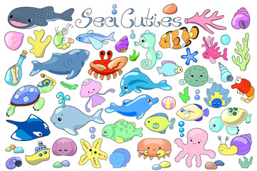 Sea animals and fishes doodle. Marine animals cartoon vector illustration.