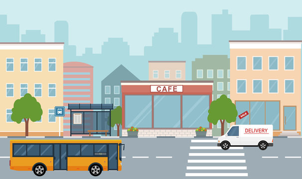 City life illustration with house facades, road  and other urban details.  Flat style, vector.