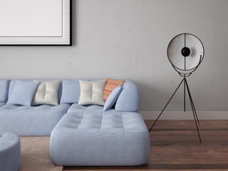 Mock up a stylish living room with a large corner sofa on the hipster background.