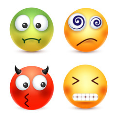 Smiley,emoticons set. Yellow face with emotions. Facial expression. 3d realistic emoji. Funny cartoon character.Mood. Web icon. Vector illustration.