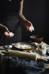Women's hands are preparing home-made raw noodles, Rustic, Selective Focus, Atmospheric dark tone