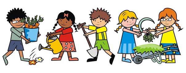 gardening, group of kids,boys and girls work in the garden, garden tools
