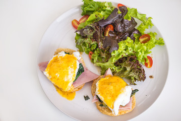 Breakfast ham, egg bread and salads