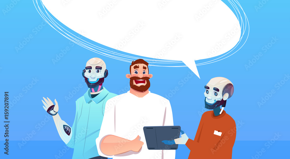 Poster chat bot robots and man using tablet computer virtual assistance artificial intelligence concept fla
