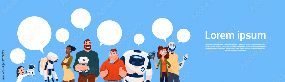 Poster people group using modern robots, robotic assistance artificial intelligence concept flat vector ill