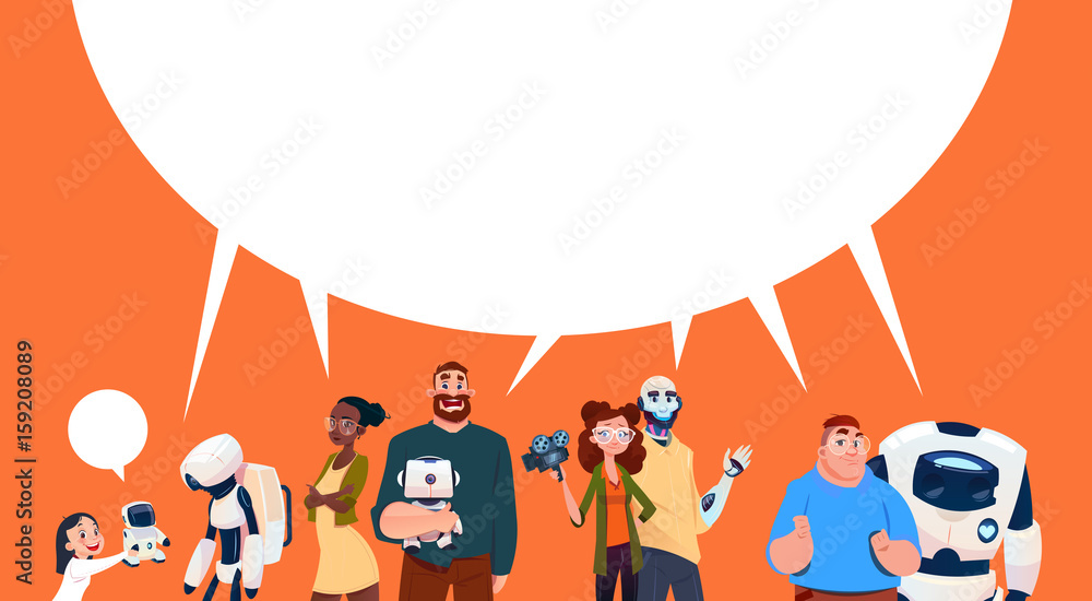Poster people group using modern robots, robotic assistance artificial intelligence concept flat vector ill