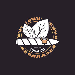 Logo white cigar and leaves tabacco on black background.