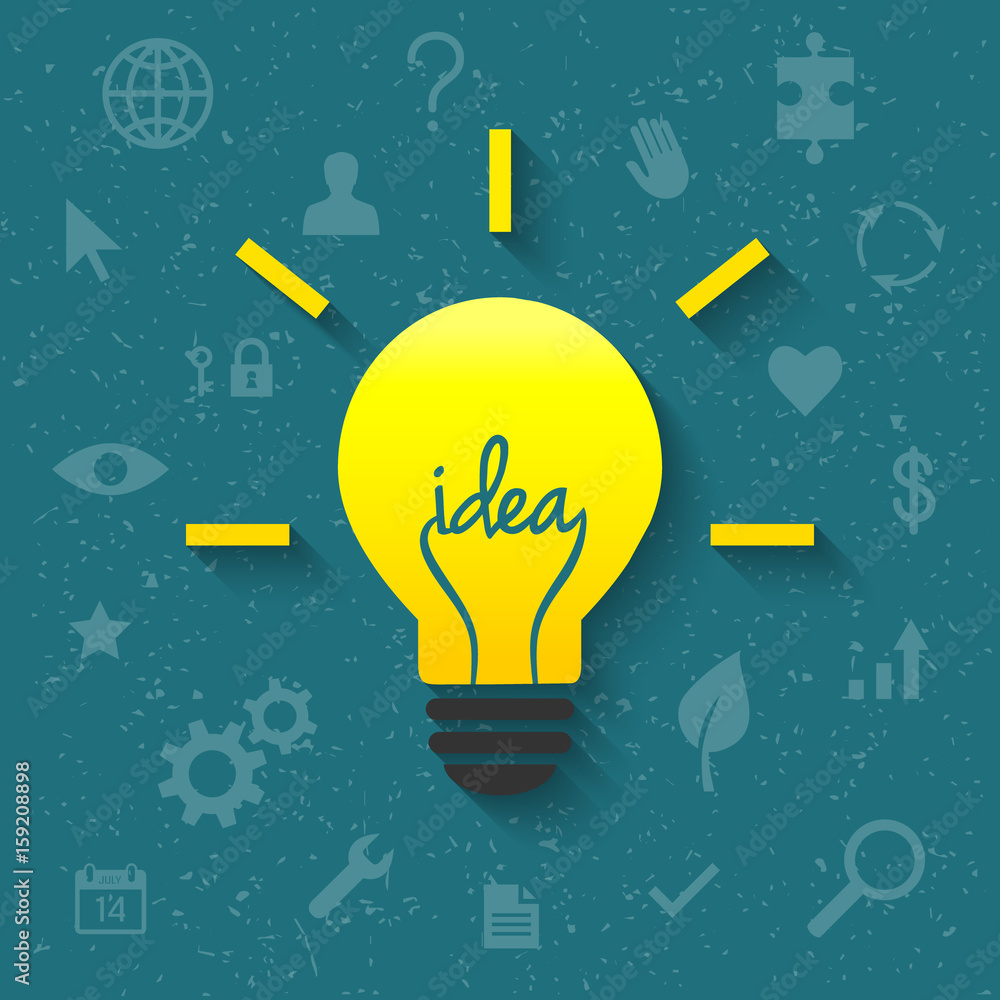 Poster idea concept with shining lightbulb and related icons in the background