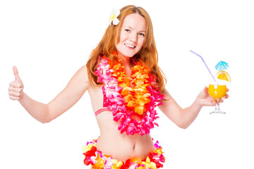 Beautiful and slender woman with a cocktail at the resort of Hawaii is isolated