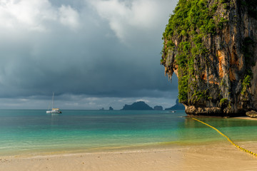 Landscape in front of a strong tropical rain on the coast of Thailand