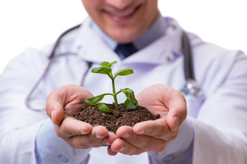 Scientist with green seedling in glass isolated on white