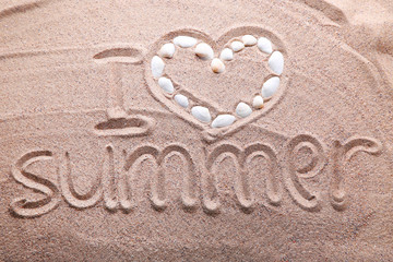 Words written on beach sand with seashells