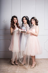 beautiful delicate bachelorette party in airy pink dresses three girls girlfriends sister models hold handmade cupcakes on a tray are smiling on white background