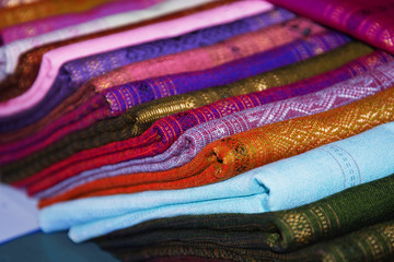 Textiles for sale, colored cloth. Laos