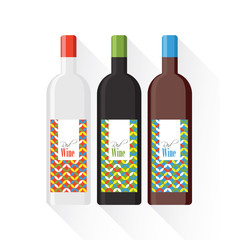 Wine bottle and label design. Vector illustration. Flat design.