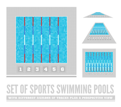 Set of sports swimming pools with different number of tracks plus a perspective view