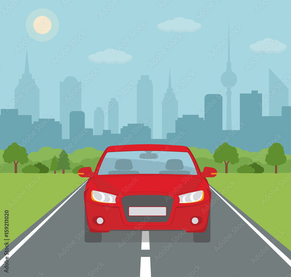 Wall mural picture of car on the road with city silhouette on background. flat style, vector illustration.