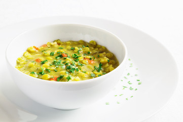 split green pea soup with carrot, onion, celery, and parsley