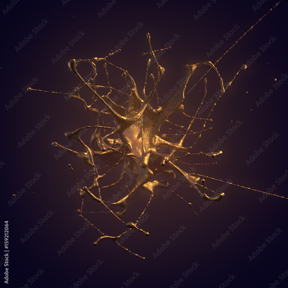 Fototapete golden splash isolated on dark 3d rendering