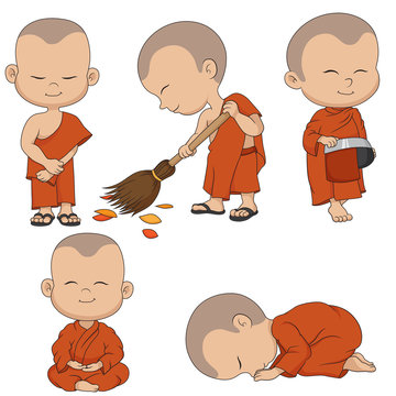 Set of cartoon monks. Vector and illustration.